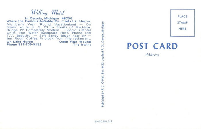 Aspen Motor Inn (Willing Motel) - Postcard Back (newer photo)